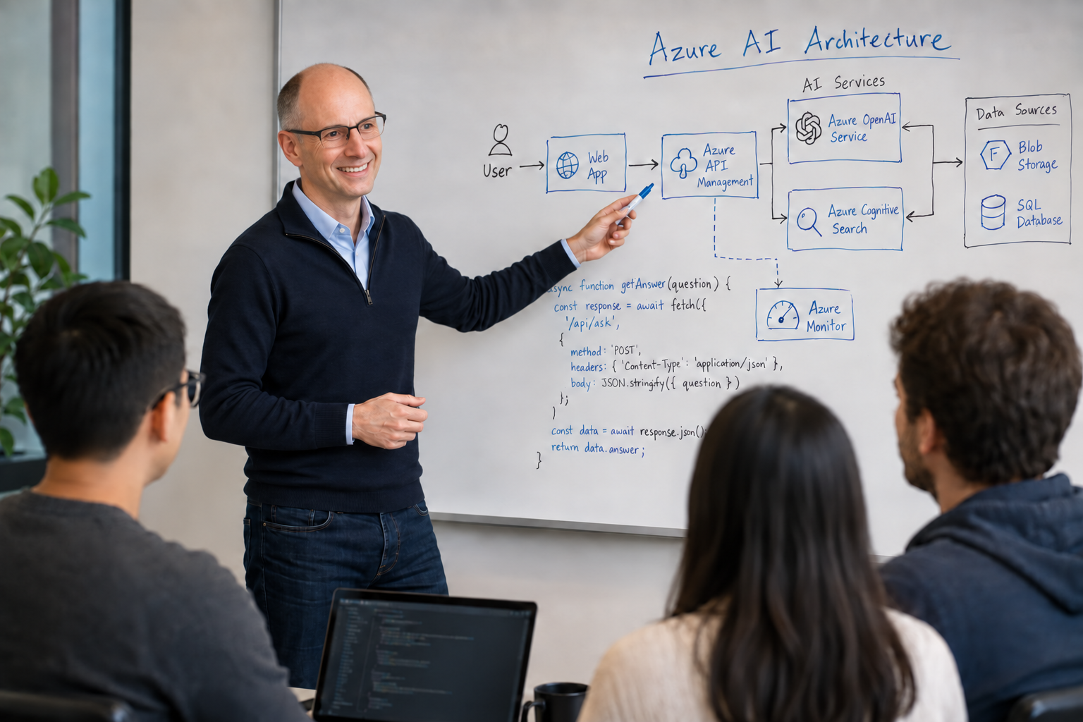 Consultant leading a whiteboard session on Azure AI architecture