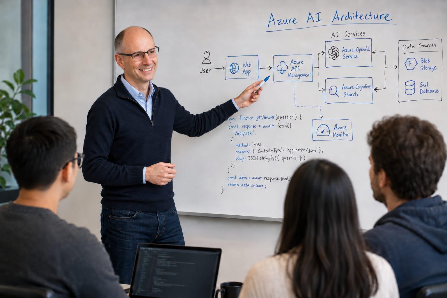 Consultant leading a whiteboard session on Azure AI architecture