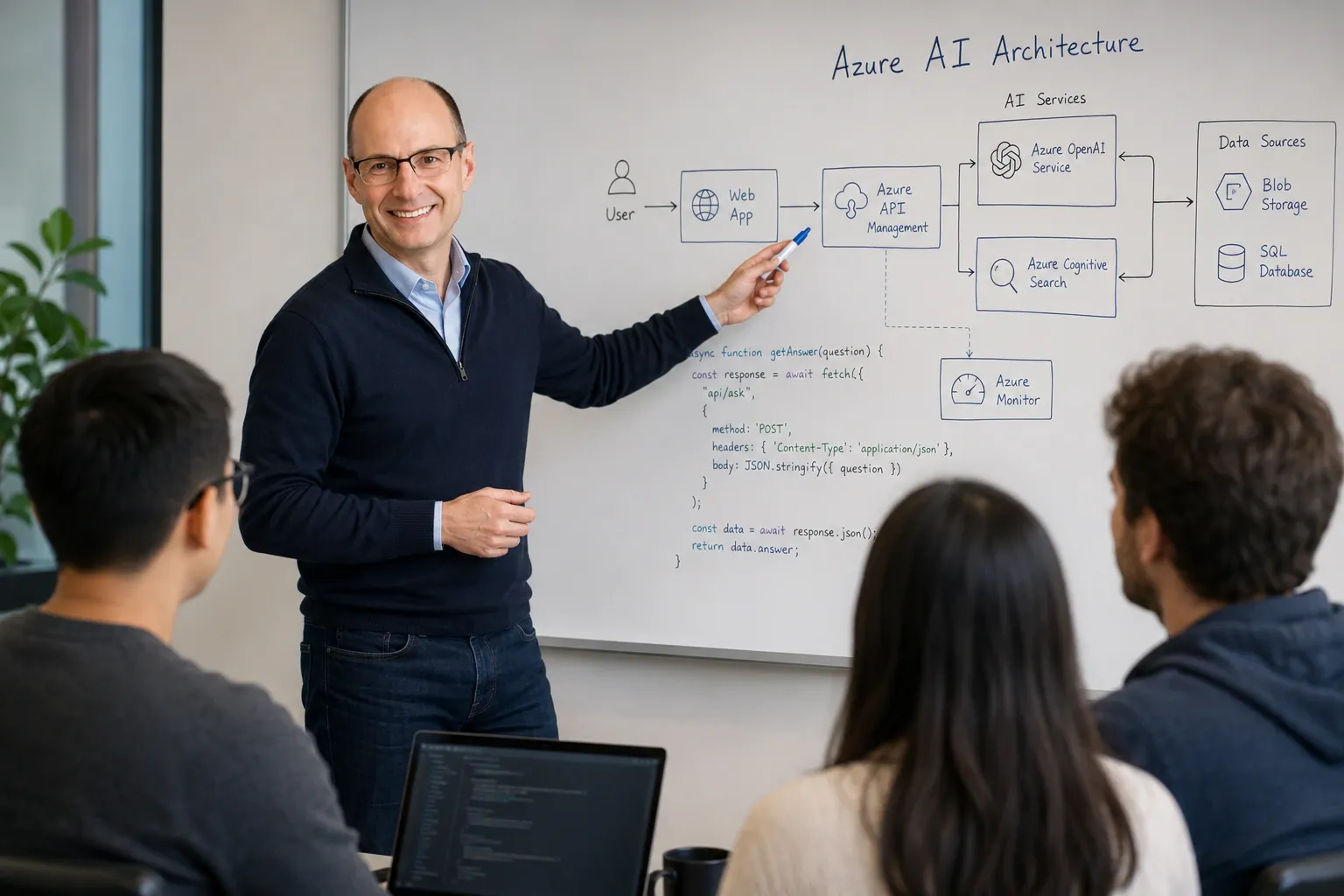 Consultant leading a whiteboard session on Azure AI architecture